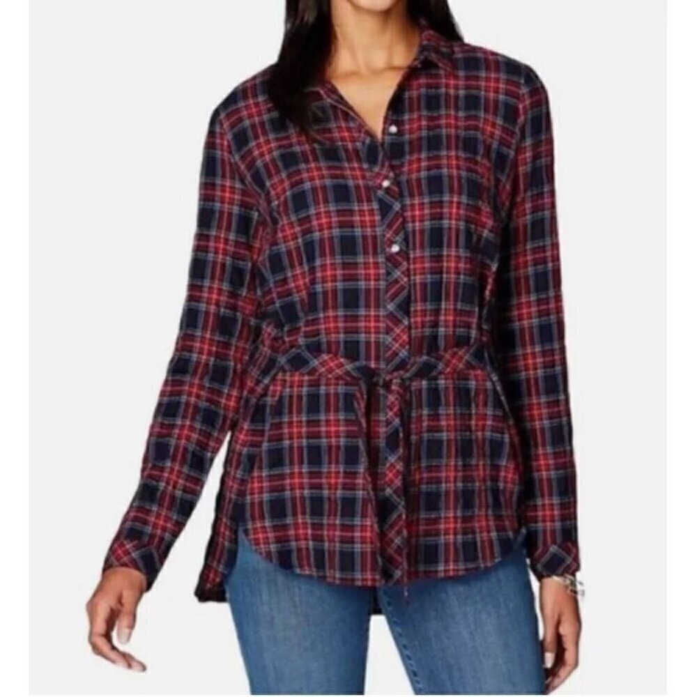 J Jill Top Womens Medium Black Multicolor Plaid Tie Front Button Front Preppy